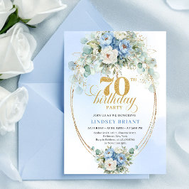 Romantic Light Blue Flowers 70th Birthday Invites Kaart