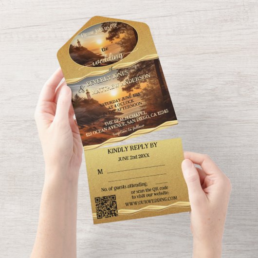 Romantic Lighthouse Coastal Wedding All In One Uitnodiging (Afscheurbaar)