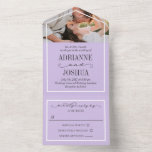 Romantic Lila foto bruiloft All In One Uitnodiging<br><div class="desc">Licht paars allemaal in één trouwuitnodiging kun je personaliseren met een foto van jullie twee bovenaan de uitnodiging. Informele formulering met elegante houtskoollettertypen en uw namen in grote letters.</div>