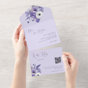 Romantic Lila Lavender Floral Qr Code Weddenschap All In One Uitnodiging