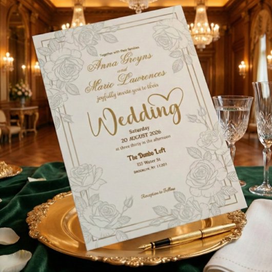Romantic Line Art Rose Faux Gold Foil Wedding  Kaart