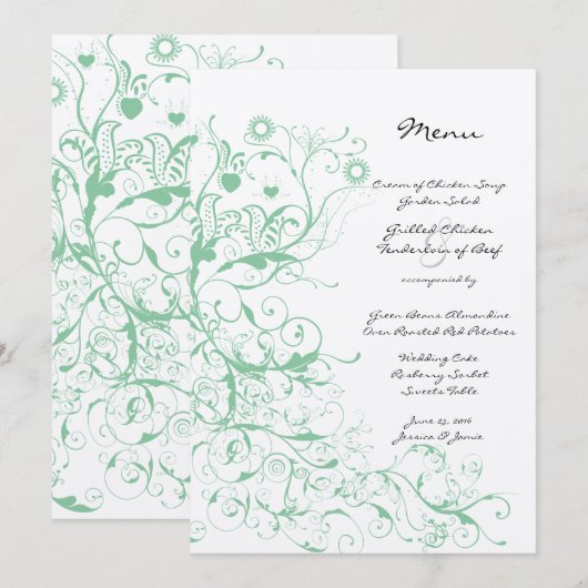 Romantic Love Bird Mint Wedding Menu (Voorkant / Achterkant)