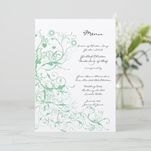 Romantic Love Bird Mint Wedding Menu (Staand voorkant)