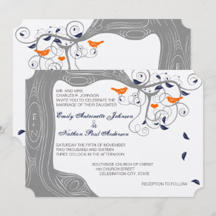 Romantic Love Bird Tree Oranje Navy Wedding Kaart