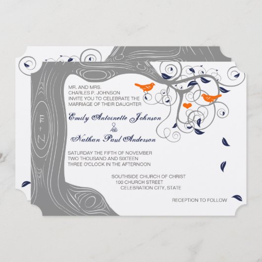 Romantic Love Bird Tree Oranje Navy Wedding Kaart (Voorkant / Achterkant)