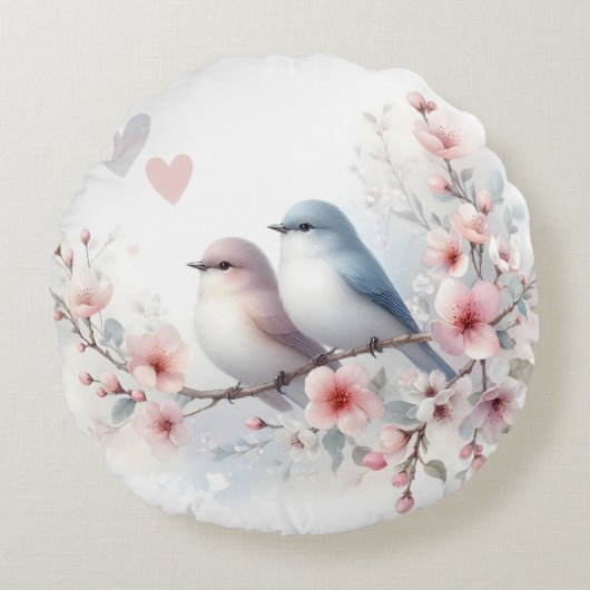 Romantic Love Birds Cherry Blossom Branch Rond Kussen (Voorkant)
