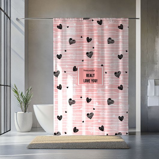 Romantic Love Gift Shower Curtain Pink Black Heart Douchegordijn