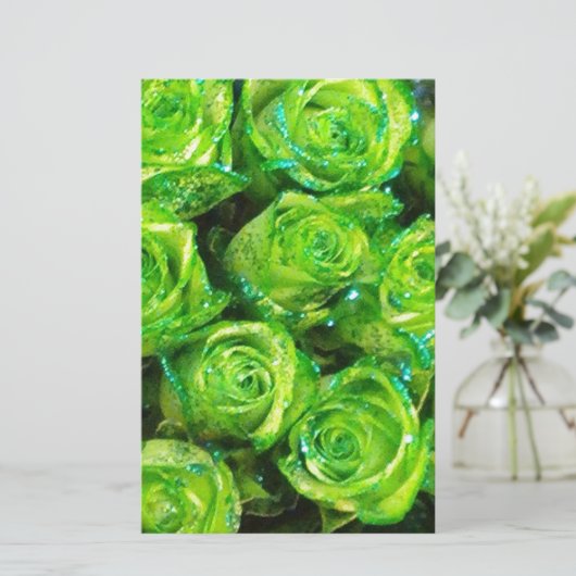 Romantic Love Green Valentijn Glitter Rozen Briefpapier (Staand voorkant)