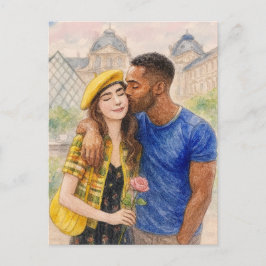 Romantic Love Paris Man Woman Watercolor Postcard Briefkaart