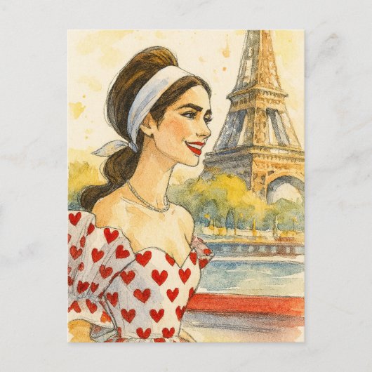 Romantic Love Paris Man Woman Watercolor Postcard Briefkaart (Voorkant)