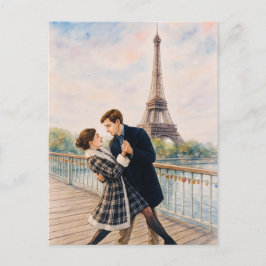 Romantic Love Paris Man Woman Watercolor Postcard Briefkaart