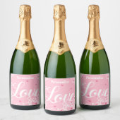 Romantic Love Pink Hearts Personalized Sparkling Wijnetiket (Flessen)