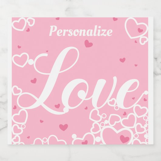 Romantic Love Pink Hearts Personalized Sparkling Wijnetiket (Enkel label)