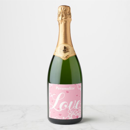 Romantic Love Pink Hearts Personalized Sparkling Wijnetiket (Voorkant)