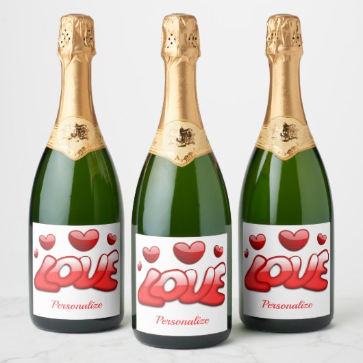 Romantic Love Red Hearts Personalized Sparkling Wijnetiket (Flessen)