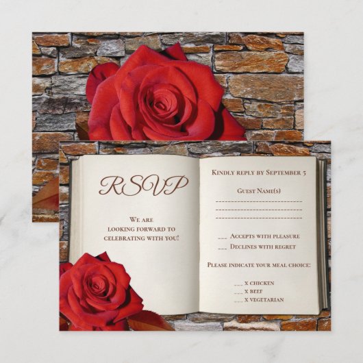 Romantic Love Story Book Wedding RSVP Card Kaart (Voorkant / Achterkant)