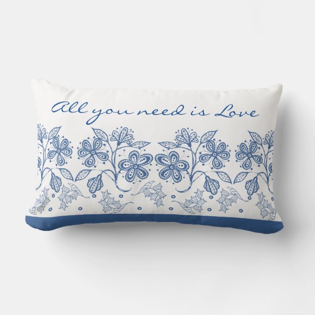 Romantic Love Text Indigo Blue Floral Border Kussen (Voorkant)
