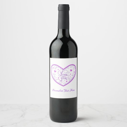 Romantic Love You Lavender Heart Personalized Wijn Etiket (Voorkant)