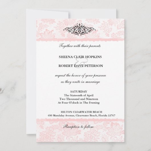Romantic Lovely Pink Lace Wedding Invitation Kaart (Voorkant)