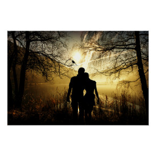 Romantic Lovers Silhouette op Sunset Perfect Poster