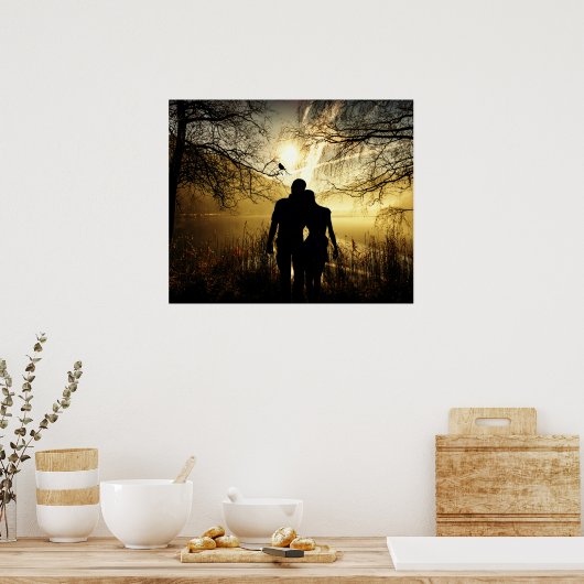 Romantic Lovers Silhouette op Sunset Poster (Keuken)
