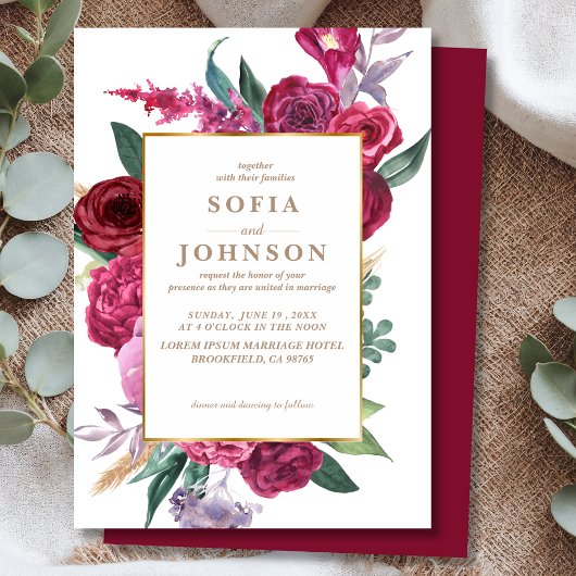 Romantic Luxe Red Maroon Watercolor Floral Wedding Kaart