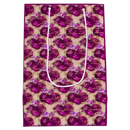 Romantic Magenta-Rozen met Gold Writing op Perzand Medium Cadeauzakje (Achterkant)