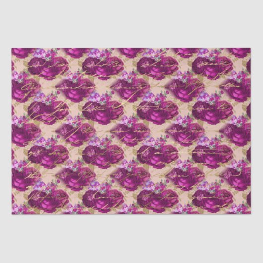 Romantic Magenta-Rozen met Gold Writing op Perzand Tissuepapier (Voorkant)