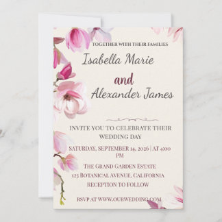 Romantic Magnolia Floral Burgundy Wedding Invitati Kaart