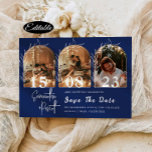 Romantic marine Arch Save the Date Photo Collage Kaart<br><div class="desc">Dit is een mooie Save the Date met drie foto's van u en uw echtgenoot. Met schone zwarte en witte tekst. Dit ontwerp is volledig aanpasbaar - u kunt tekst,  tekstkleur,  en achtergrondkleur aan uw het houden van aanpassen</div>