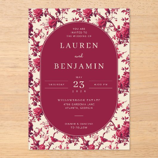 Romantic Maroon Floral Acryl Uitnodigingen (Voorkant)