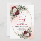 Romantic Maroon Floral Gold Baby Shower Invite Kaart (Voorkant)