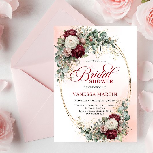 Romantic Maroon Floral Gold Bridal Shower Card Kaart