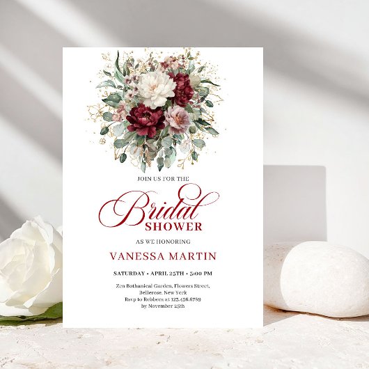 Romantic Maroon & Gold Bridal Shower Invitation Kaart
