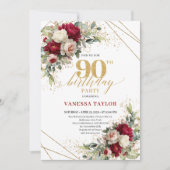 Romantic Maroon Rose Gold 90th Birthday Invitation Kaart (Voorkant)