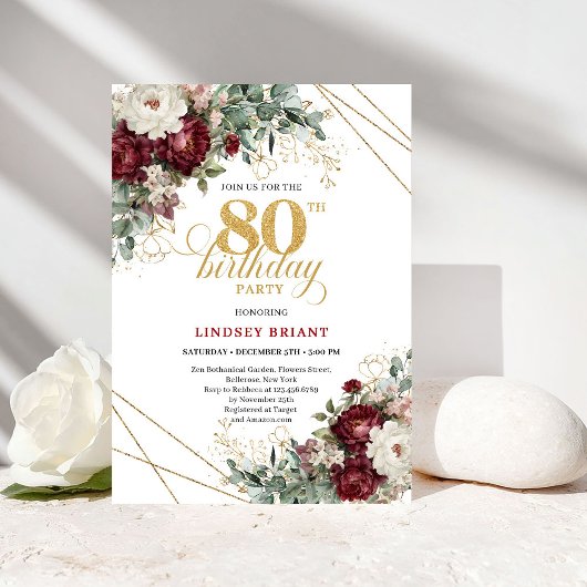 Romantic Marsala Eucalyptus 80th Birthday Kaart