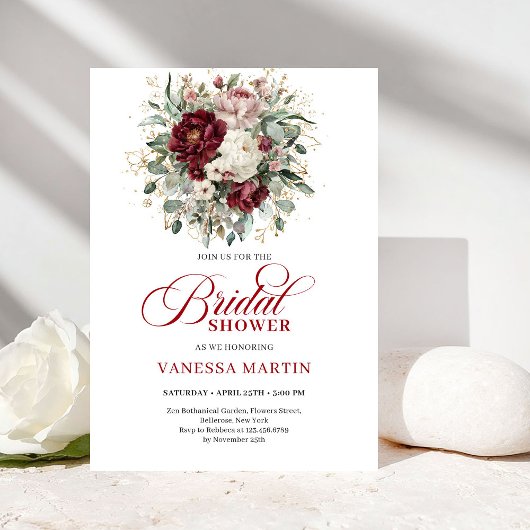 Romantic Marsala & Gold Bridal Shower Invitation Kaart