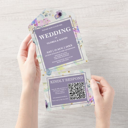 Romantic Mauve Floral QR Code All In One Uitnodiging (Afscheurbaar)