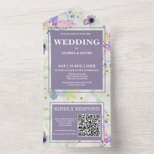 Romantic Mauve Floral QR Code All In One Uitnodiging (Binnen)
