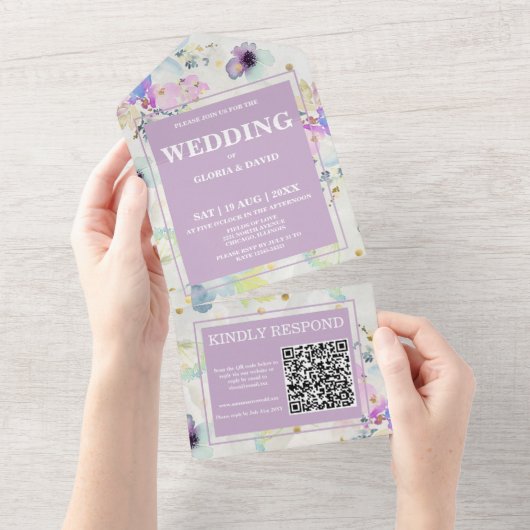 Romantic Mauve Floral QR Code All In One Uitnodiging (Afscheurbaar)