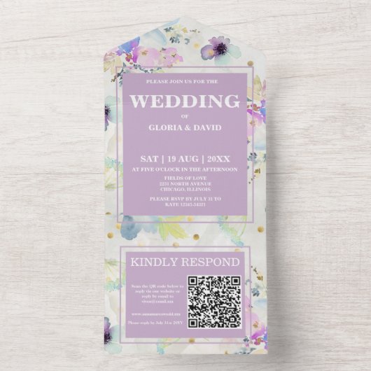 Romantic Mauve Floral QR Code All In One Uitnodiging (Binnen)