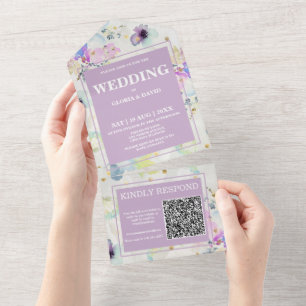 Romantic Mauve Floral QR Code All In One Uitnodiging