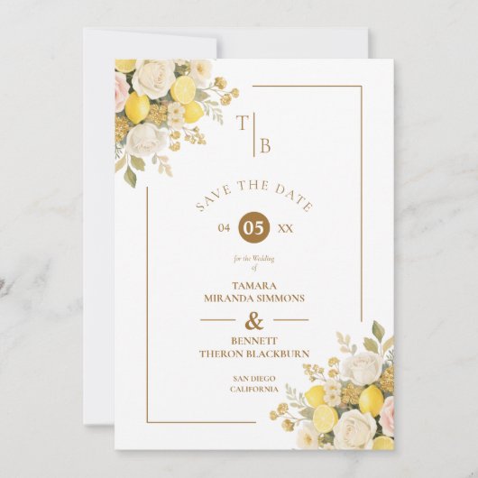 Romantic Mediterranean Lemons Floral Bunch Wedding Save The Date (Voorkant)