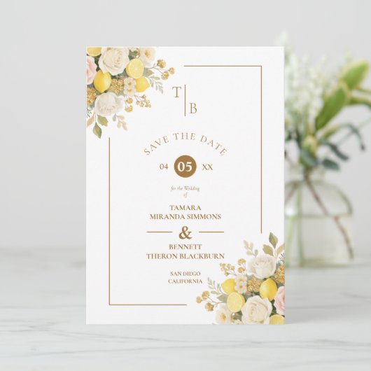 Romantic Mediterranean Lemons Floral Bunch Wedding Save The Date (Staand voorkant)