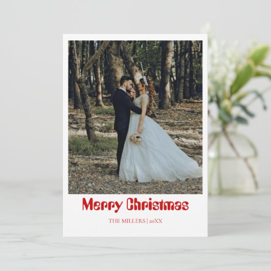 Romantic Merry Christmas Newlywed Photo Rich Red Feestdagenkaart (Staand voorkant)