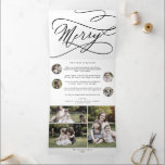 Romantic Merry kerst Multi-foto Drieluik Wenskaart<br><div class="desc">Deze romantische kerstkaart met meerdere foto's,  drieledige vakantiekaart,  is het perfecte eenvoudige jaar in de review vakantie-groet. Het moderne klassieke ontwerp is uitgerust met fancy draden en grillen met prachtige,  elegante,  handgeschreven typografie. Pas uw drievoudige vakantiekaart aan met 7 foto's,  een familienieuwsbrief,  uw namen en het jaar.</div>