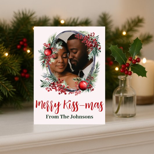 Romantic "Merry Kissmas" Photo Christmas Greeting Feestdagenkaart