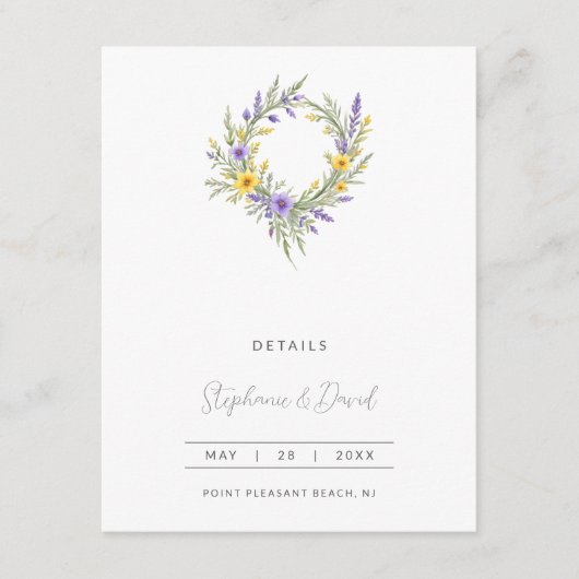 Romantic Minimal Wedding Yellow & Lavender Wreath Informatiekaartje (Voorkant)