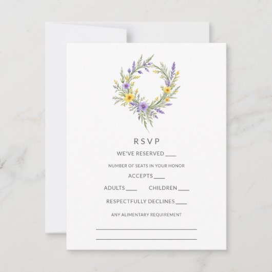 Romantic Minimal Wedding Yellow & Lavender Wreath RSVP Kaartje (Voorkant)