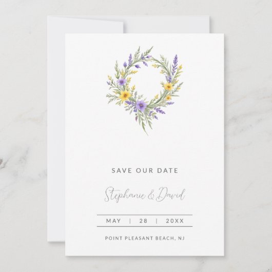 Romantic Minimal Wedding Yellow & Lavender Wreath Save The Date (Voorkant)